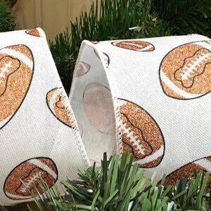 Footballs on White Cotton Wired Edge Ribbon Fall Theme 2 1/2 Inch Craft Supplies